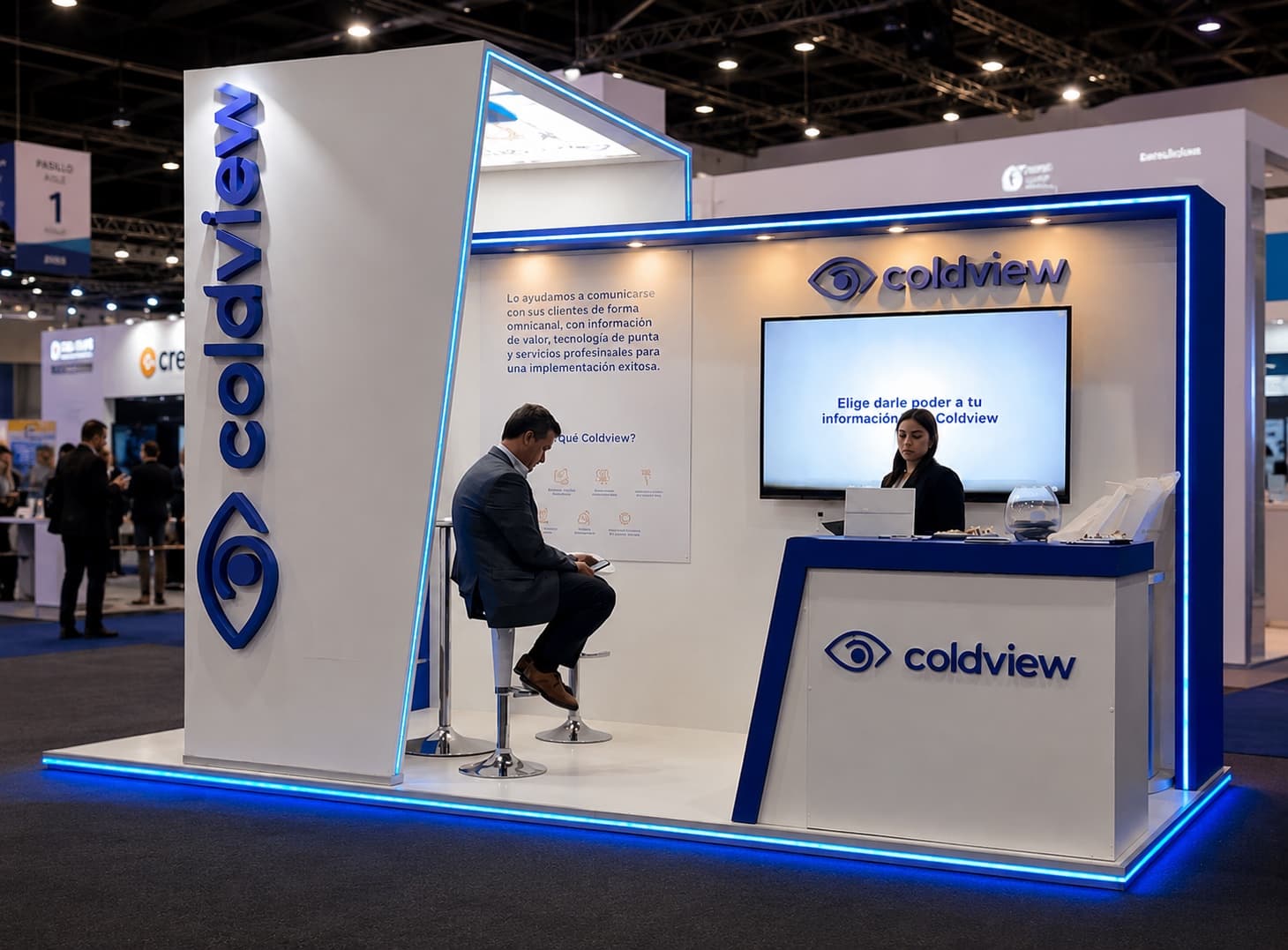 Stand Coldview con iluminación azul y espacio de atención