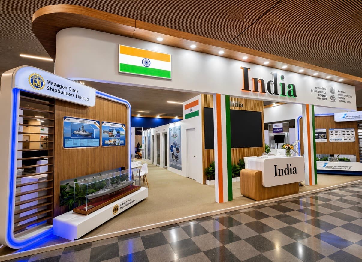 Pabellón de India con módulos de exhibición y gráfica institucional